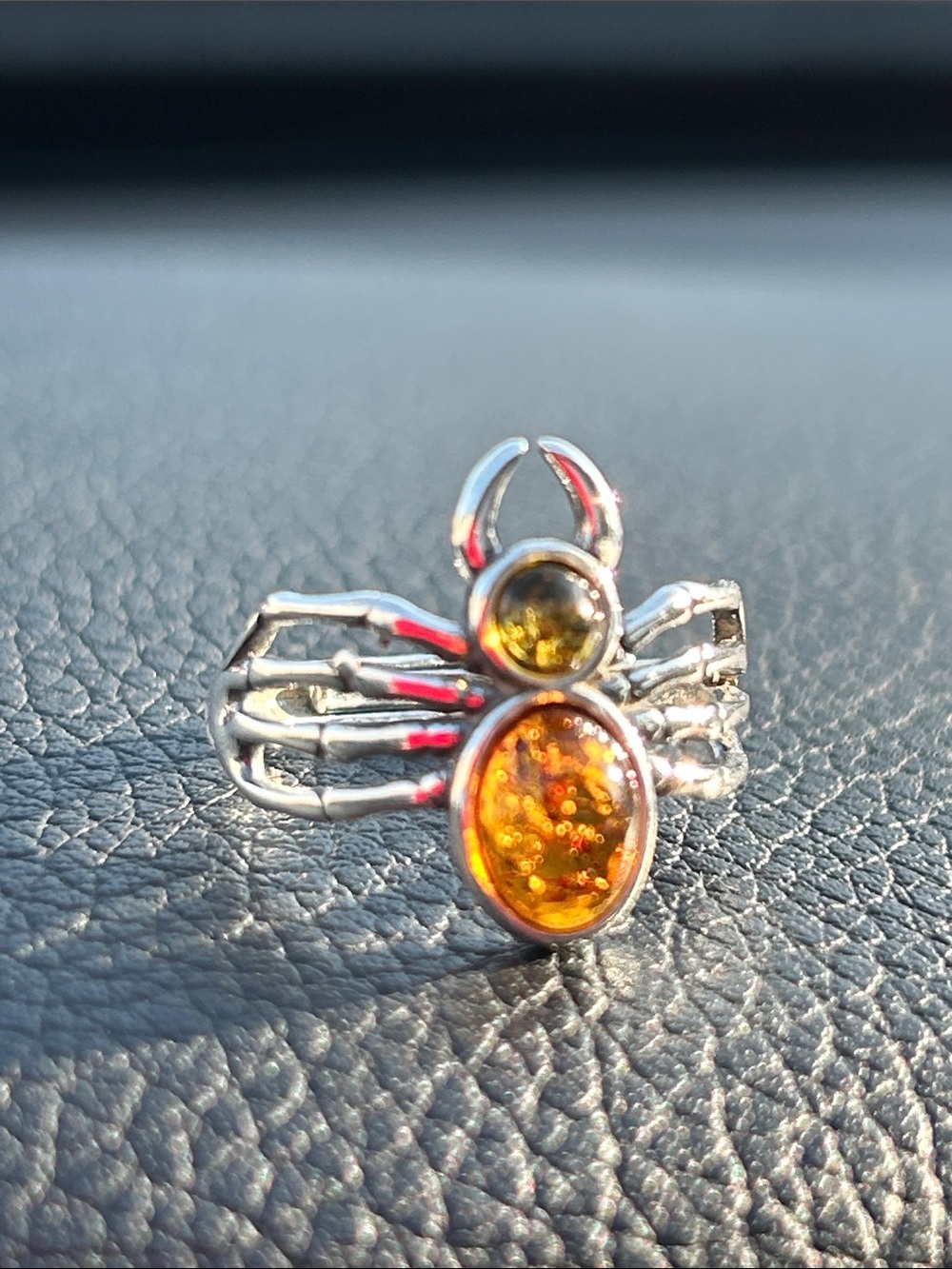 Sterling Silver Spider Ring - Green & Orange Amber